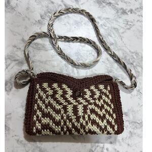 Handmade Artsy Crochet Brown Shoulder Bag 4x7 Flap Button Braided Strap Hippie